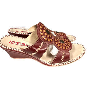 Pikolinos Slide Sandals Women Size 8.5 39 UK 6 Wedge Brown Red Leather Medallion